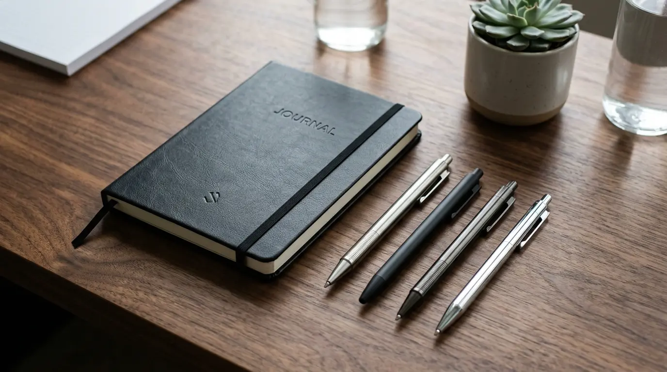 Ilustrasi pulpen dan notebook custom logo elegan