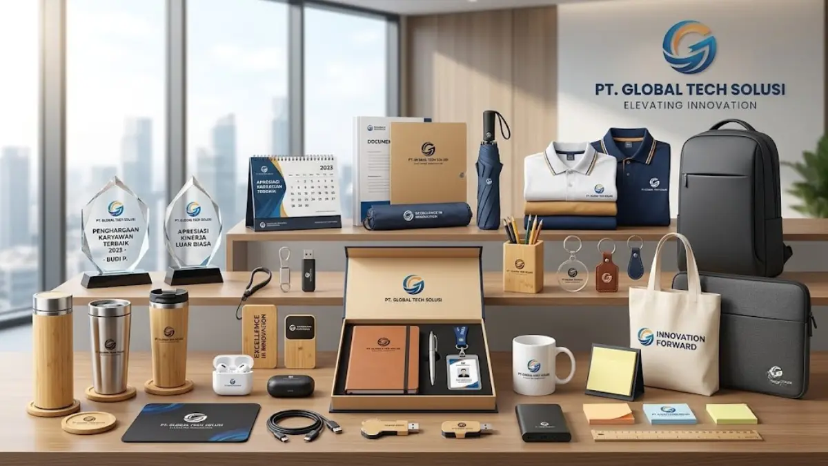 Meja kerja kantor dengan tumbler notebook dan pulpen custom berlogo perusahaan