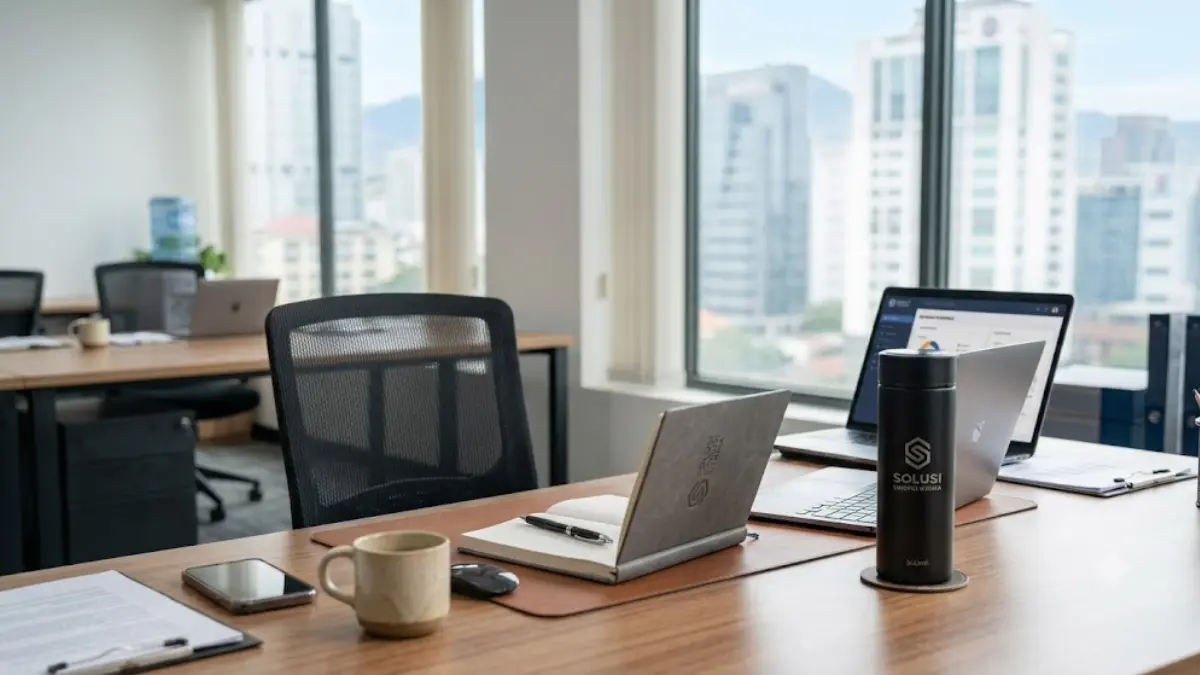 Set souvenir kantor custom berisi tumbler notebook dan pulpen di atas meja kerja