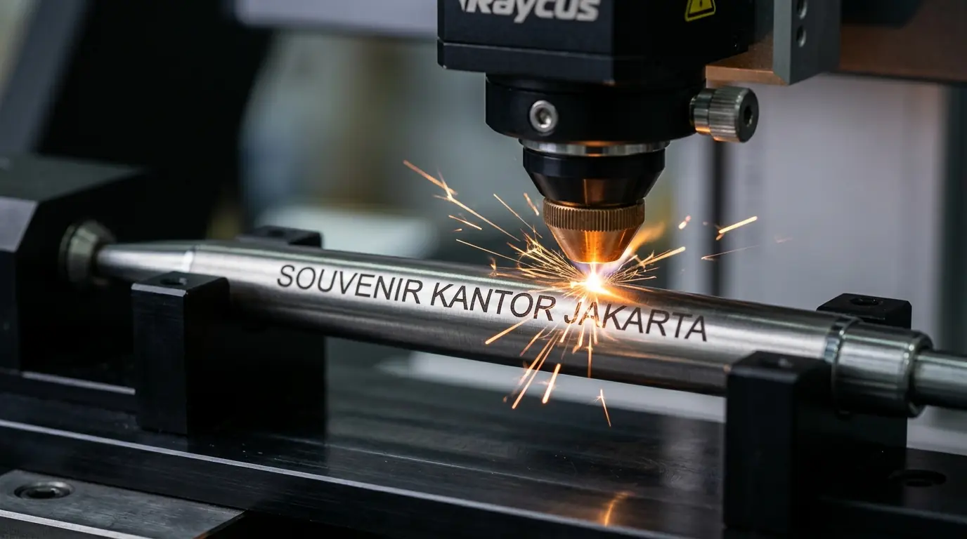 Proses grafir laser presisi pada pulpen metal stainless steel