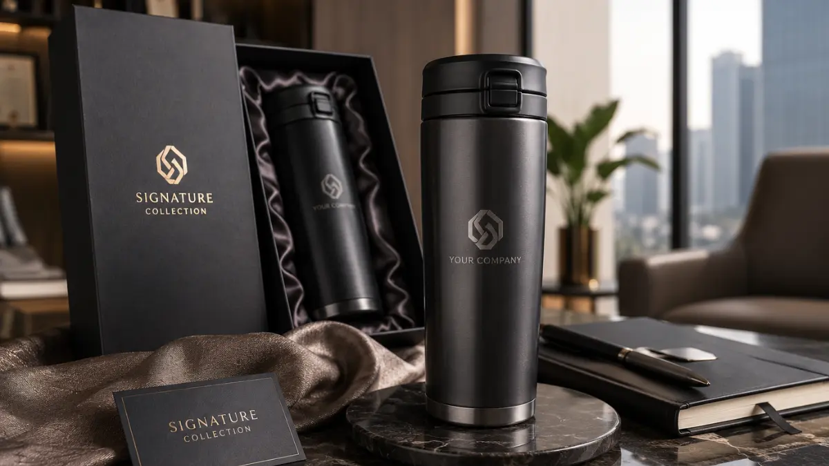 Tumbler signature collection dengan logo perusahaan hasil laser engraving