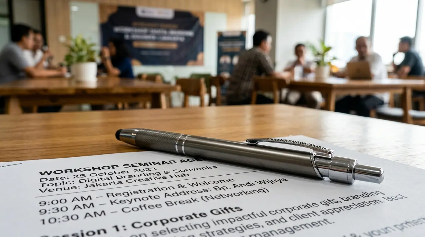 Paket souvenir pulpen seminar kit bersama buku catatan custom logo